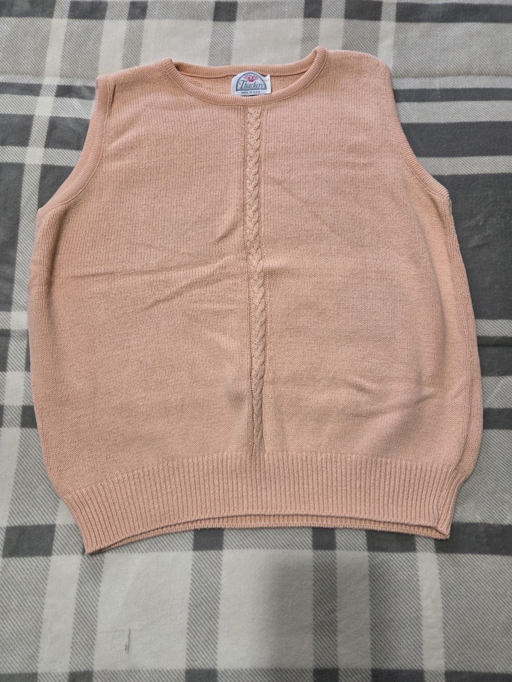 Vintage-Inspired Peach Cable-Trim Sleeveless Sweater